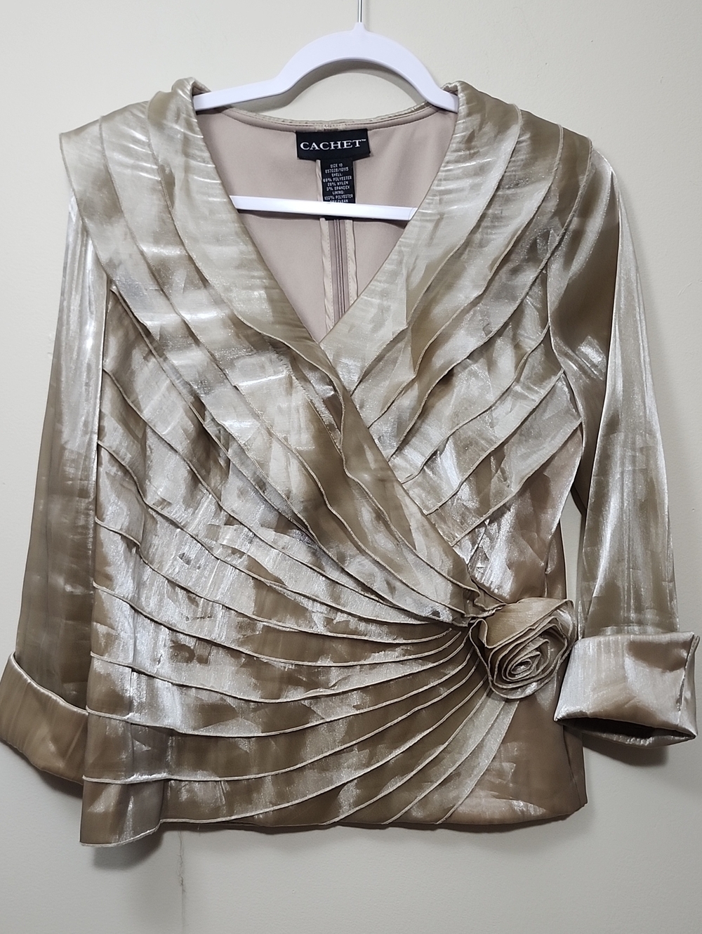 VTG Cachet Metallic Bronze Pleated Asymmetrical Blouse Rosette Evening Top